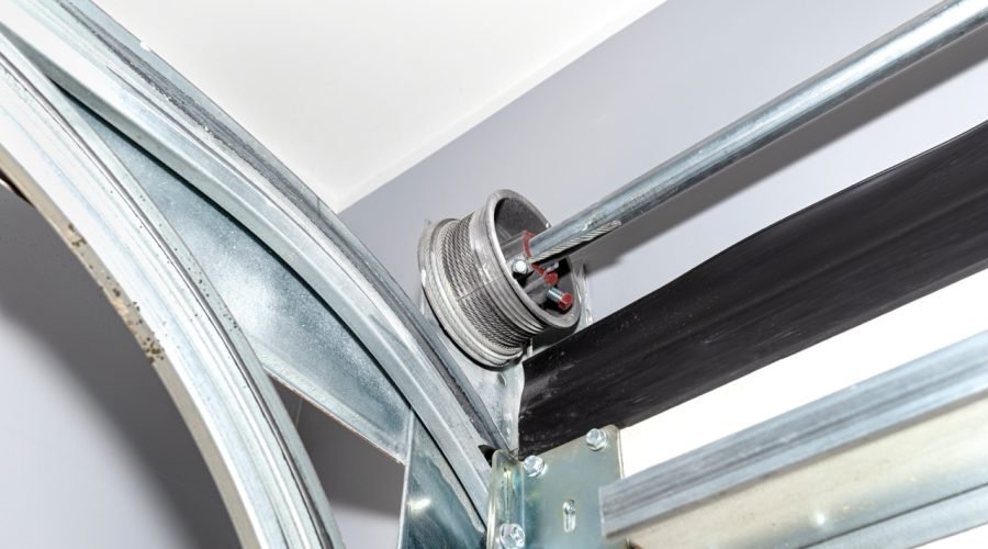 Guides for the home garage door, visible cable drum with steel rope, inside view.